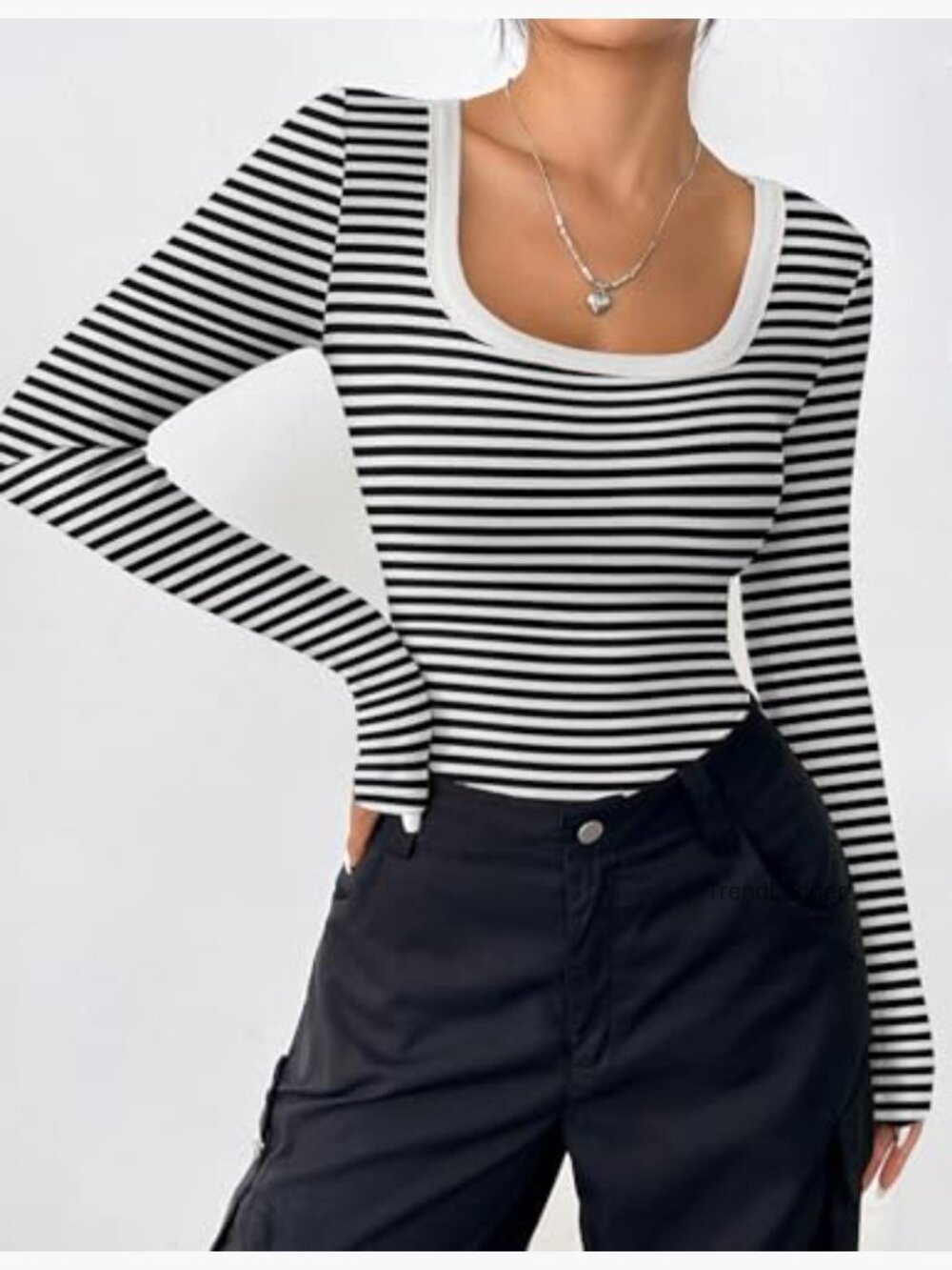 Long Sleeve Rib Knit Scoop Neck Tee Slim Fit Business Casual Top - Picture 3 of 7